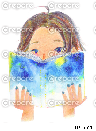 かわいい女の子が星空の絵の本を読んでいる水彩画
