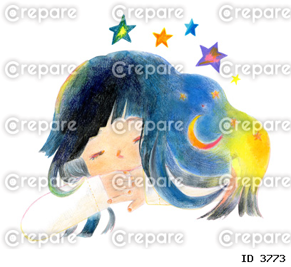 夢を見る女の子と星と月の水彩画