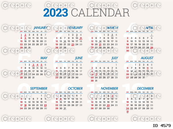 2023年　年間カレンダー　祝日入り（ヨコ）