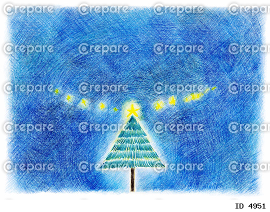 色鉛筆で描いた、柔らかい雰囲気のクリスマスツリーと星と夜空