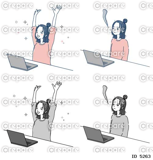 パソコンの前で喜ぶ＆無気力な女性のイラスト