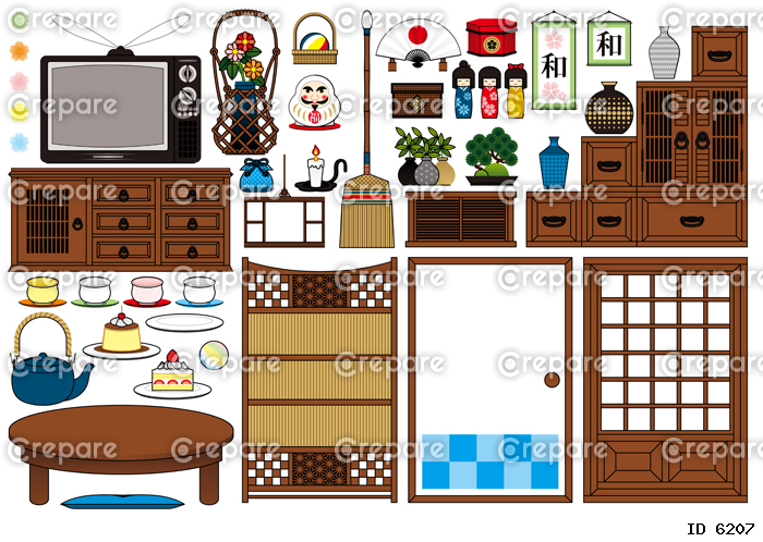 和室昭和レトロ装飾イラスト和風デザイン「和家具と和雑貨」