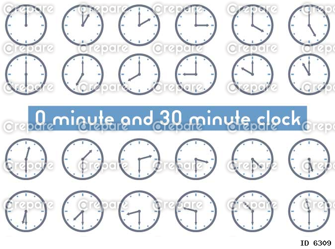 0分と30分表示の時計のアイコンイラストセット