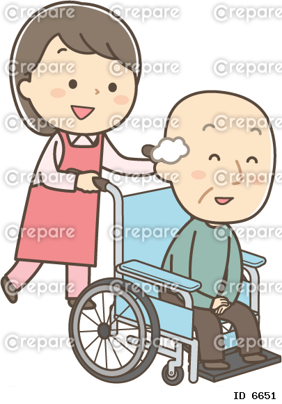 車椅子に乗るシニア男性と女性看護師