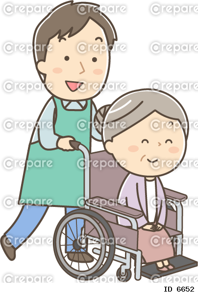 車椅子に乗るシニア女性と男性看護師