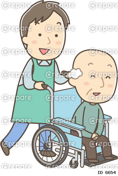 車椅子に乗るシニア男性と男性看護師