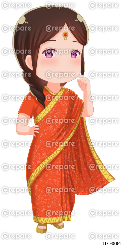 インドの民族衣装サリーを着た女性のイラスト素材　ちびキャラ