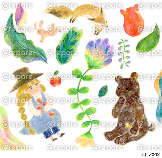 植物と女の子、クマや狐、うさぎの可愛い手描きのイラストセット