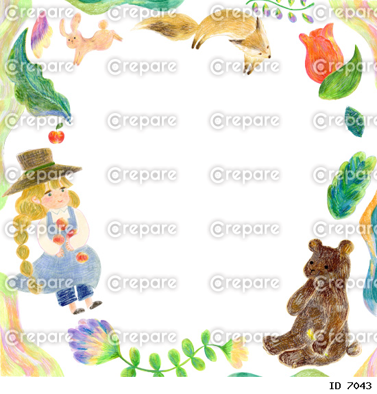 植物と女の子、クマや狐、うさぎの可愛い手描きのイラストフレーム