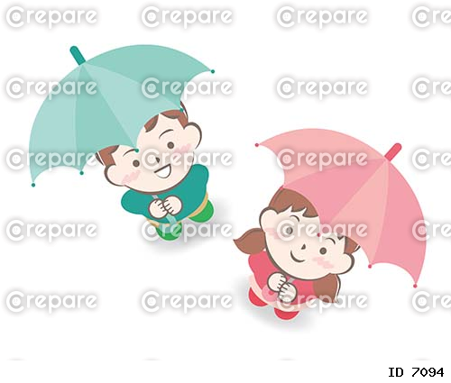 傘をさして見上げている男の子と女の子
