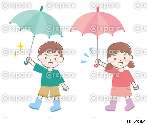 傘をさして歩いている男の子と女の子 