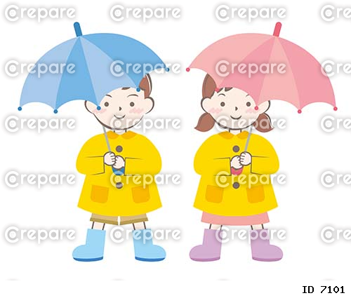 傘をさしているレインコート姿の男の子と女の子