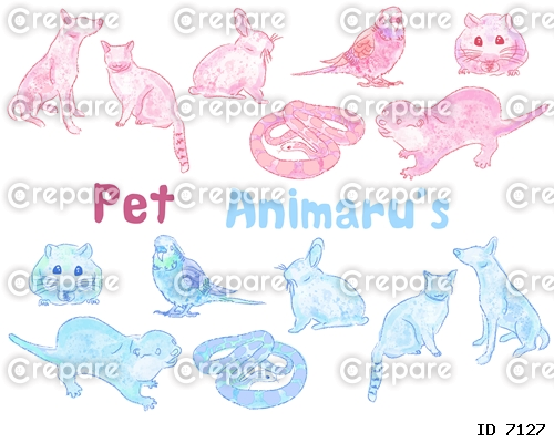 ペットな動物たちのイラストセット、ピンク＆ブルーモノトーンカラー
