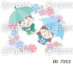 紫陽花に囲まれる傘をさした子供たち