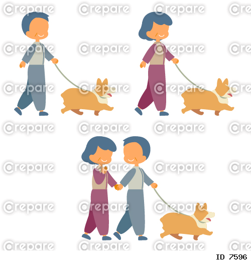 犬の散歩をする年配の男女、夫婦