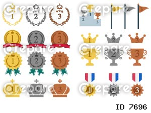 金、銀、銅のメダル、トロフィー、月桂冠と表彰台のイラストセット