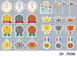 金、銀、銅のメダル、トロフィー、月桂冠と表彰台のステッカー