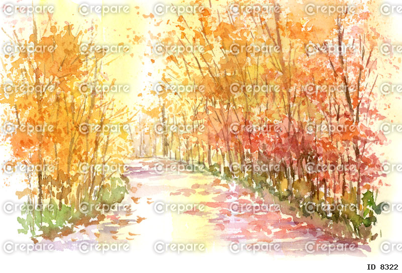 秋の遊歩道の水彩画