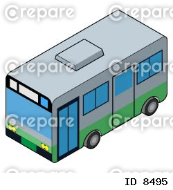 バスのミニチュアアイコン。主線のあるアイソメトリックなイラスト。