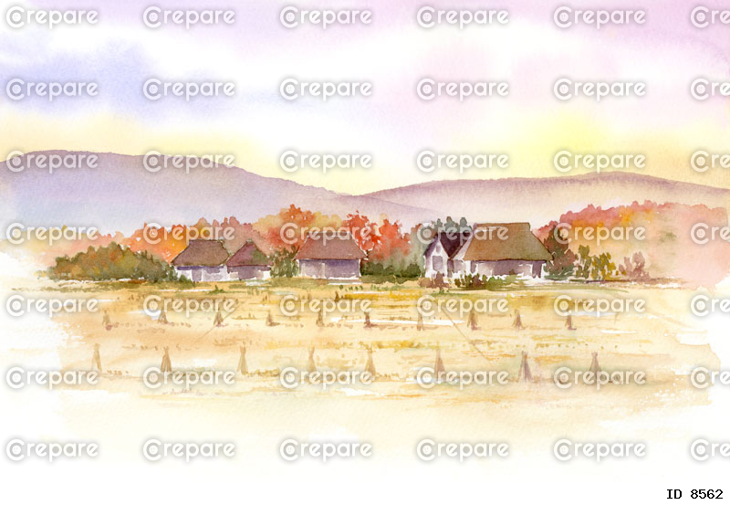 秋の里山の風景　田んぼ　水彩画