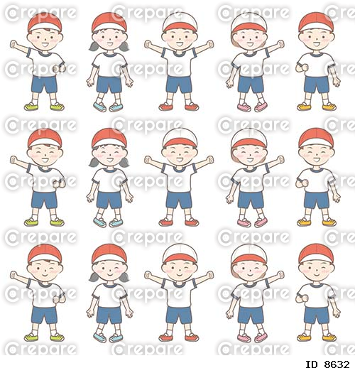 体操服の子供たち　全身　紅白帽