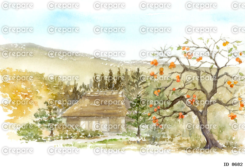 柿の木と茅葺屋根の家の風景