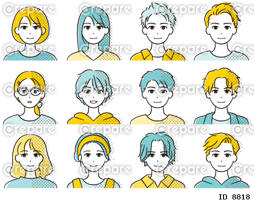 若いアジア人の男女の顔　12パターン　2色+ハーフトーン