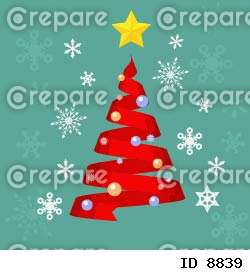 赤いリボンのクリスマスツリーと雪の結晶のイラスト