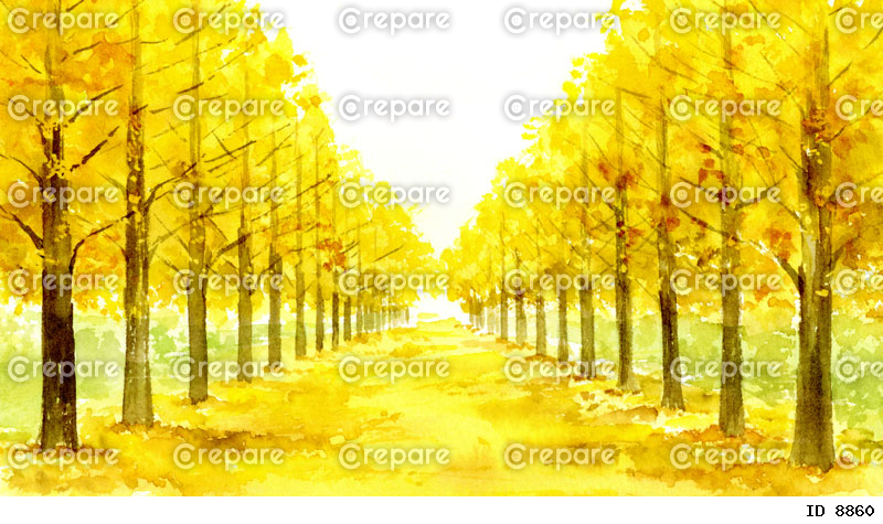秋のイチョウ並木の水彩画