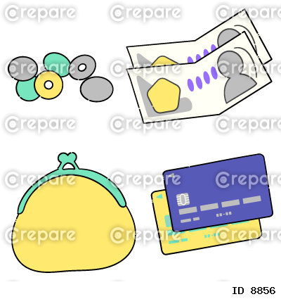 がま口財布と硬貨、紙幣、カードのイラストセット