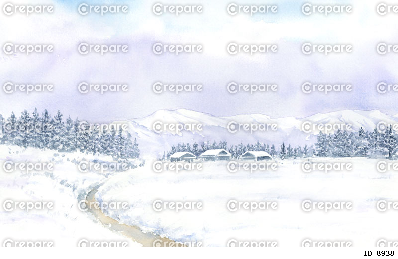 冬の田舎の雪景色　水彩画
