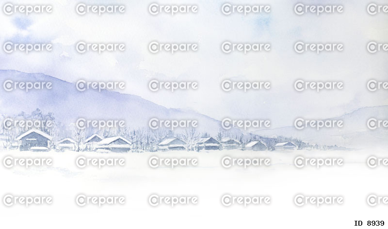 深い雪の集落　雪景色の水彩画