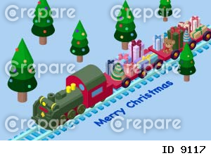 クリスマスプレゼントを運ぶSL列車のアイソメトリックイラスト
