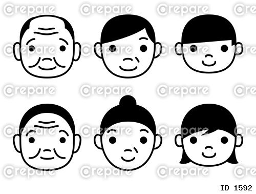 白黒の線で描いた家族の顔だけのイラスト。子供、両親、祖父母