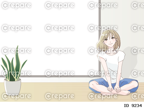 座っている女性、観葉植物のある部屋　コピースペース