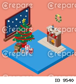 クリスマスツリーとプレゼントが置かれた暖炉の部屋のイラスト