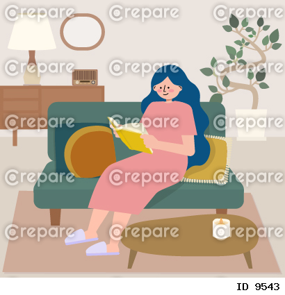 ソファの上でリラックスしながら読書をする女性のイラスト