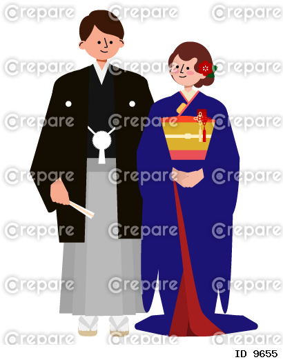 和装（紋付袴と引振袖）のカップルのベクターイラスト