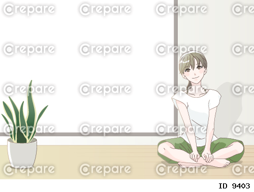 座っている女性、観葉植物のある部屋2　コピースペース