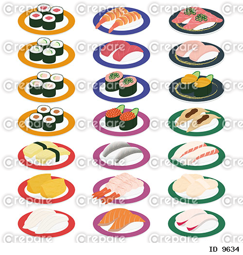 回転寿司の寿司皿のイラストセット
