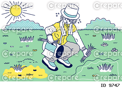 強い日差しの中で草むしりをする男性のカラーイラスト