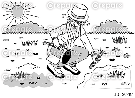 強い日差しの中で草むしりをする男性のモノトーンイラスト