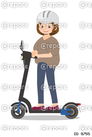 電動キックボードに乗るヘルメットの女性