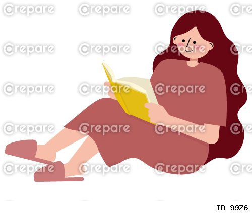 床に座って本を読んでいる女性のイラスト