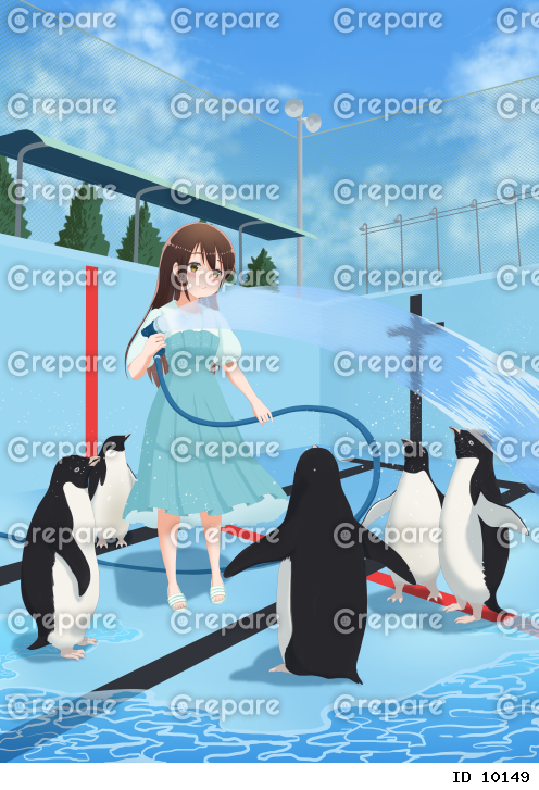 アデリーペンギン達と水の抜かれたプールで水遊びする女の子