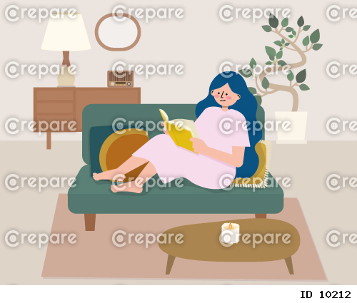 ソファの上でリラックスしながら読書している女性のイラスト