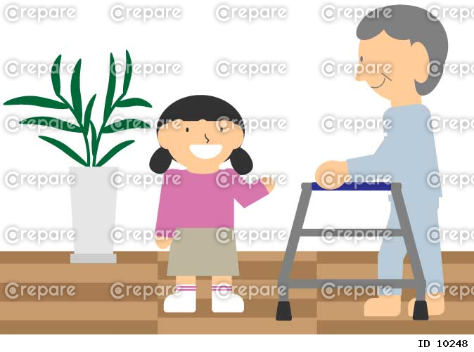 孫と室内用固定型歩行器で歩く高齢者