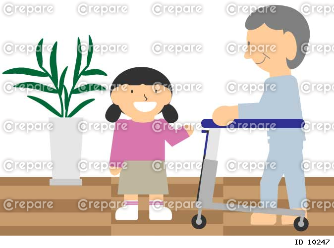 孫と室内用歩行器で歩く高齢者
