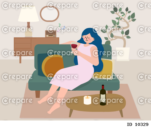 ソファの上でリラックスしながら赤ワインを飲んでいる女性のイラスト