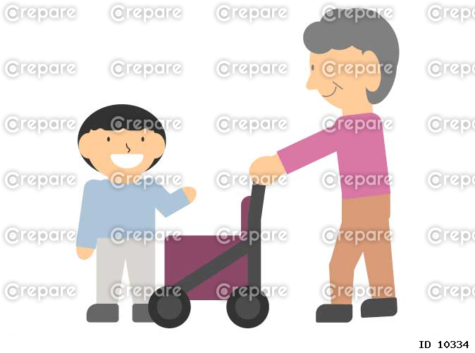 孫と手押し車を押している高齢者
